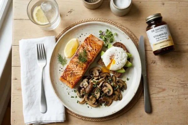 A top-down view of a light wooden table set with a healthy meal. A ceramic plate holds a grilled salmon fillet, sautéed mushrooms, and a poached egg on avocado toast. Beside the plate, a dark glass bottle labeled "VITAMIN D3" sits near a white linen napkin and a glass of water with lemon.