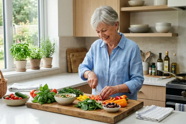 A bright, airy medium shot of a smiling senior woman in a light blue linen shirt prepping a healthy meal. She is dicing red bell peppers on a large wooden cutting board. The white marble countertop is covered with vibrant ingredients: fresh basil, bowls of spinach, cherry tomatoes, and olives. The composition is clean and professional, with soft natural light highlighting the textures of the fresh vegetables and the modern kitchen interior.