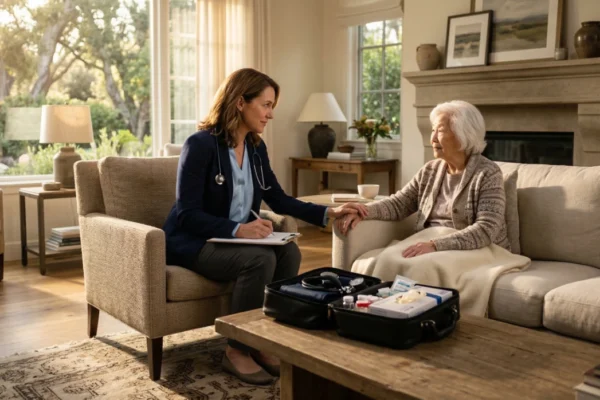 A wide, photorealistic horizontal shot capturing a warm medical consultation in a sun-drenched, upscale living room. Soft golden afternoon light streams through large windows on the left, creating a gentle glow and soft shadows across the scene. The composition features a female physician in a navy blazer and stethoscope leaning forward from an armchair, placing a comforting hand on the arm of an elderly Asian patient seated on a beige sofa. In the foreground, a wooden coffee table holds an open professional black medical kit with visible diagnostic tools. The overall aesthetic is clean, calming, and focused on a trust-based, home-care relationship.