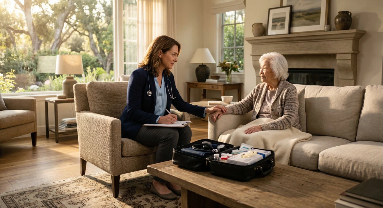 primary-care-doctor-pasadena-house-call-home-visit A wide, photorealistic horizontal shot capturing a warm medical consultation in a sun-drenched, upscale living room. Soft golden afternoon light streams through large windows on the left, creating a gentle glow and soft shadows across the scene. The composition features a female physician in a navy blazer and stethoscope leaning forward from an armchair, placing a comforting hand on the arm of an elderly Asian patient seated on a beige sofa. In the foreground, a wooden coffee table holds an open professional black medical kit with visible diagnostic tools. The overall aesthetic is clean, calming, and focused on a trust-based, home-care relationship.