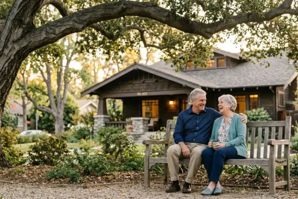 A wide outdoor shot in soft golden hour light featuring a smiling senior couple sitting on a wooden garden bench. They are positioned under a large, sprawling oak tree in a residential area. In the background, a classic dark-wood Craftsman-style bungalow with warm glowing windows is visible, typical of Pasadena architecture. The composition is balanced with natural, warm tones and soft-focus greenery.