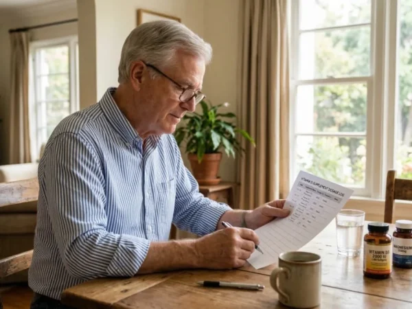 A senior man in a striped blue shirt sits at a sunlit wooden table, writing on a document titled "VITAMIN D SUPPLEMENT DOSAGE LOG." The scene is lit by soft, natural light from a window. On the table, a glass of water sits next to two supplement bottles labeled "VITAMIN D3" and "MAGNESIUM."