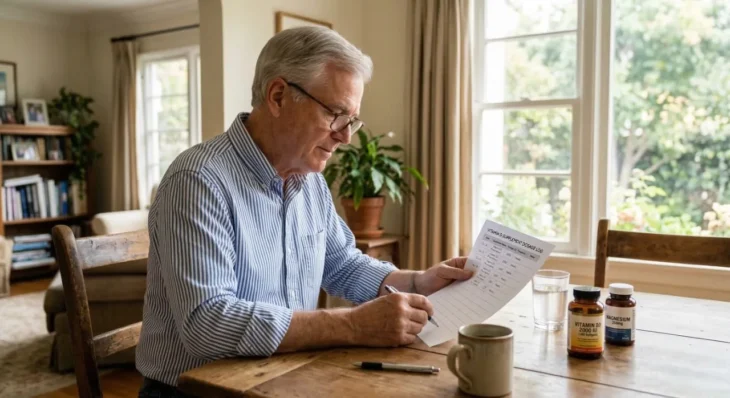 A senior man in a striped blue shirt sits at a sunlit wooden table, writing on a document titled "VITAMIN D SUPPLEMENT DOSAGE LOG." The scene is lit by soft, natural light from a window. On the table, a glass of water sits next to two supplement bottles labeled "VITAMIN D3" and "MAGNESIUM."