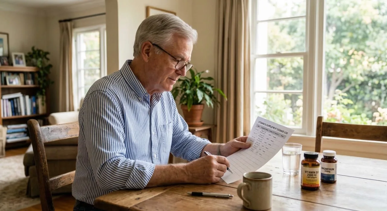 A senior man in a striped blue shirt sits at a sunlit wooden table, writing on a document titled "VITAMIN D SUPPLEMENT DOSAGE LOG." The scene is lit by soft, natural light from a window. On the table, a glass of water sits next to two supplement bottles labeled "VITAMIN D3" and "MAGNESIUM."