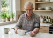 An eye-level medium shot of a senior man with glasses sitting at a white marble kitchen counter. He is focused on an Omron digital blood pressure monitor strapped to his arm. The device screen clearly shows the text and numbers: 128 for Systolic, 82 for Diastolic, and 68 for Pulse. Bright natural light streams from a large window on the left, illuminating a clean, modern kitchen with light wood cabinetry.