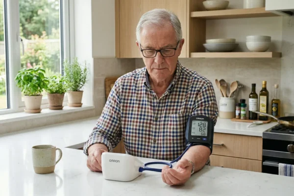 An eye-level medium shot of a senior man with glasses sitting at a white marble kitchen counter. He is focused on an Omron digital blood pressure monitor strapped to his arm. The device screen clearly shows the text and numbers: 128 for Systolic, 82 for Diastolic, and 68 for Pulse. Bright natural light streams from a large window on the left, illuminating a clean, modern kitchen with light wood cabinetry.