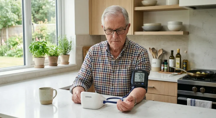 senior-self-care-tools-chronic-condition-management. An eye-level medium shot of a senior man with glasses sitting at a white marble kitchen counter. He is focused on an Omron digital blood pressure monitor strapped to his arm. The device screen clearly shows the text and numbers: 128 for Systolic, 82 for Diastolic, and 68 for Pulse. Bright natural light streams from a large window on the left, illuminating a clean, modern kitchen with light wood cabinetry.