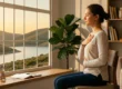 A medium close-up shot bathed in warm, golden backlighting from a large window taking up the left of the frame. A woman with her eyes closed sits beside the window, with her hands clasped on her chest in a deep breathing pose. The view through the window shows green rolling hills and a winding body of water under a setting sun. In the foreground on the windowsill are an aromatherapy lamp, shells, and a notebook.