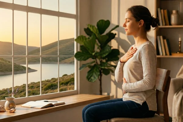 A medium close-up shot bathed in warm, golden backlighting from a large window taking up the left of the frame. A woman with her eyes closed sits beside the window, with her hands clasped on her chest in a deep breathing pose. The view through the window shows green rolling hills and a winding body of water under a setting sun. In the foreground on the windowsill are an aromatherapy lamp, shells, and a notebook.