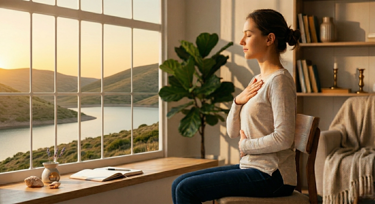 the-333-rule-for-anxiety-breathing-mindfulness-practice. A medium close-up shot bathed in warm, golden backlighting from a large window taking up the left of the frame. A woman with her eyes closed sits beside the window, with her hands clasped on her chest in a deep breathing pose. The view through the window shows green rolling hills and a winding body of water under a setting sun. In the foreground on the windowsill are an aromatherapy lamp, shells, and a notebook.