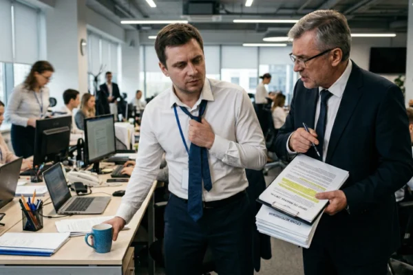 A medium close-up shot under typical office overhead lighting. Two men are standing at a desk in the center. The man on the left, in an unbuttoned white shirt with a loose tie, holds a blue cup and looks exhausted, staring at documents. The man on the right, in a full business suit, holds a stack of documents and points. The room is filled with computer monitors and other blurry office workers in the background.