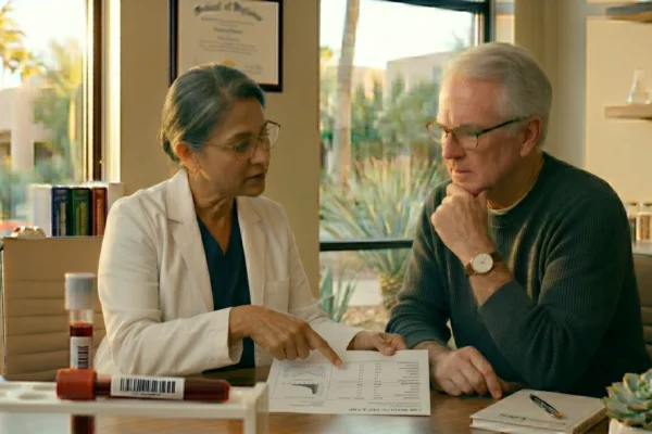 Cinematic mid-shot bathed in warm, golden hour sunlight streaming through a window. The composition features a sharp foreground with a medical test tube in a rack, showing a realistic barcode label. In the mid-ground, a female doctor wearing glasses and a white lab coat is seated at a wooden table, holding a white paper report directed toward a senior male patient. The doctor is pointing at the data while the patient listens intently with a hand on his chin. The lighting creates soft highlights on their hair and faces, while the background is softly blurred, showing the clean, high-end interior of a Pasadena clinic with hints of palm trees outside.