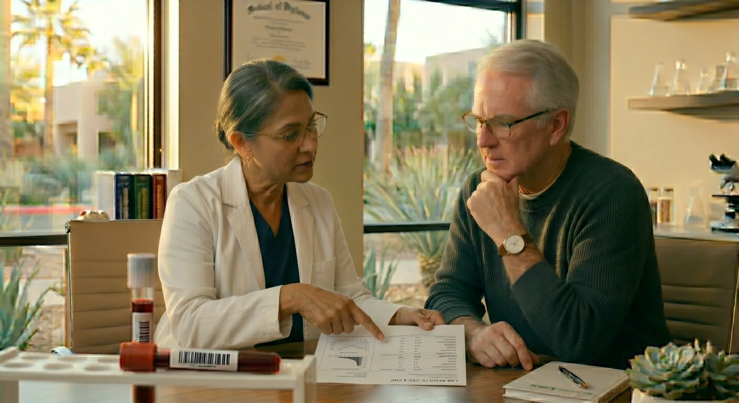 Cinematic mid-shot bathed in warm, golden hour sunlight streaming through a window. The composition features a sharp foreground with a medical test tube in a rack, showing a realistic barcode label. In the mid-ground, a female doctor wearing glasses and a white lab coat is seated at a wooden table, holding a white paper report directed toward a senior male patient. The doctor is pointing at the data while the patient listens intently with a hand on his chin. The lighting creates soft highlights on their hair and faces, while the background is softly blurred, showing the clean, high-end interior of a Pasadena clinic with hints of palm trees outside.