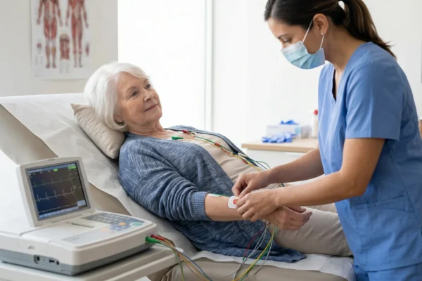 A medium shot photo captures a well-lit medical clinic room with natural daylight from a large window. In the center-left, an elderly woman in a blue-grey patterned cardigan reclines on a padded exam table, looking calmly towards the nurse. To the right, a nurse wearing light blue medical scrubs and a matching face mask leans in, her focus on the woman's left arm where she is attaching a red EKG electrode patch with colored wires trailing to an EKG machine. In the left foreground, a medical-grade EKG machine with a waveform display rests on a white rolling cart, connected by a bundle of multi-colored cables. The background is softly out of focus, showing a blurred human anatomy poster on the wall, a wooden hand-sanitizer station, and medical charts.