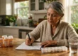 A warm, golden-hour-lit photograph from the side of an older woman with gray hair, wearing a textured knit cardigan, seated at a wooden table in a sun-drenched home kitchen. Natural sunlight from a window on the right backlights her and illuminates potted plants on the counter. Her right hand, holding a pen, guides it across a structured logbook labeled at the bottom of the page, "DAILY MEDICATION LOG". To her left, five orange prescription bottles with blurred labels and white caps sit near a water glass. Text on one bottle label is partially legible as "RX ONLY" and "LISINOPRIL 10mg". Her left hand stabilises the logbook page. To the right on the table, a multi-compartment pill organizer box filled with various colored pills is near the water glass. The composition is balanced and inviting.