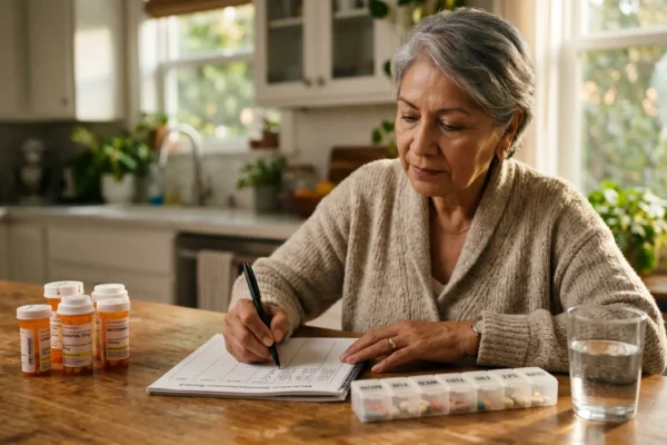 A warm, golden-hour-lit photograph from the side of an older woman with gray hair, wearing a textured knit cardigan, seated at a wooden table in a sun-drenched home kitchen. Natural sunlight from a window on the right backlights her and illuminates potted plants on the counter. Her right hand, holding a pen, guides it across a structured logbook labeled at the bottom of the page, "DAILY MEDICATION LOG". To her left, five orange prescription bottles with blurred labels and white caps sit near a water glass. Text on one bottle label is partially legible as "RX ONLY" and "LISINOPRIL 10mg". Her left hand stabilises the logbook page. To the right on the table, a multi-compartment pill organizer box filled with various colored pills is near the water glass. The composition is balanced and inviting.