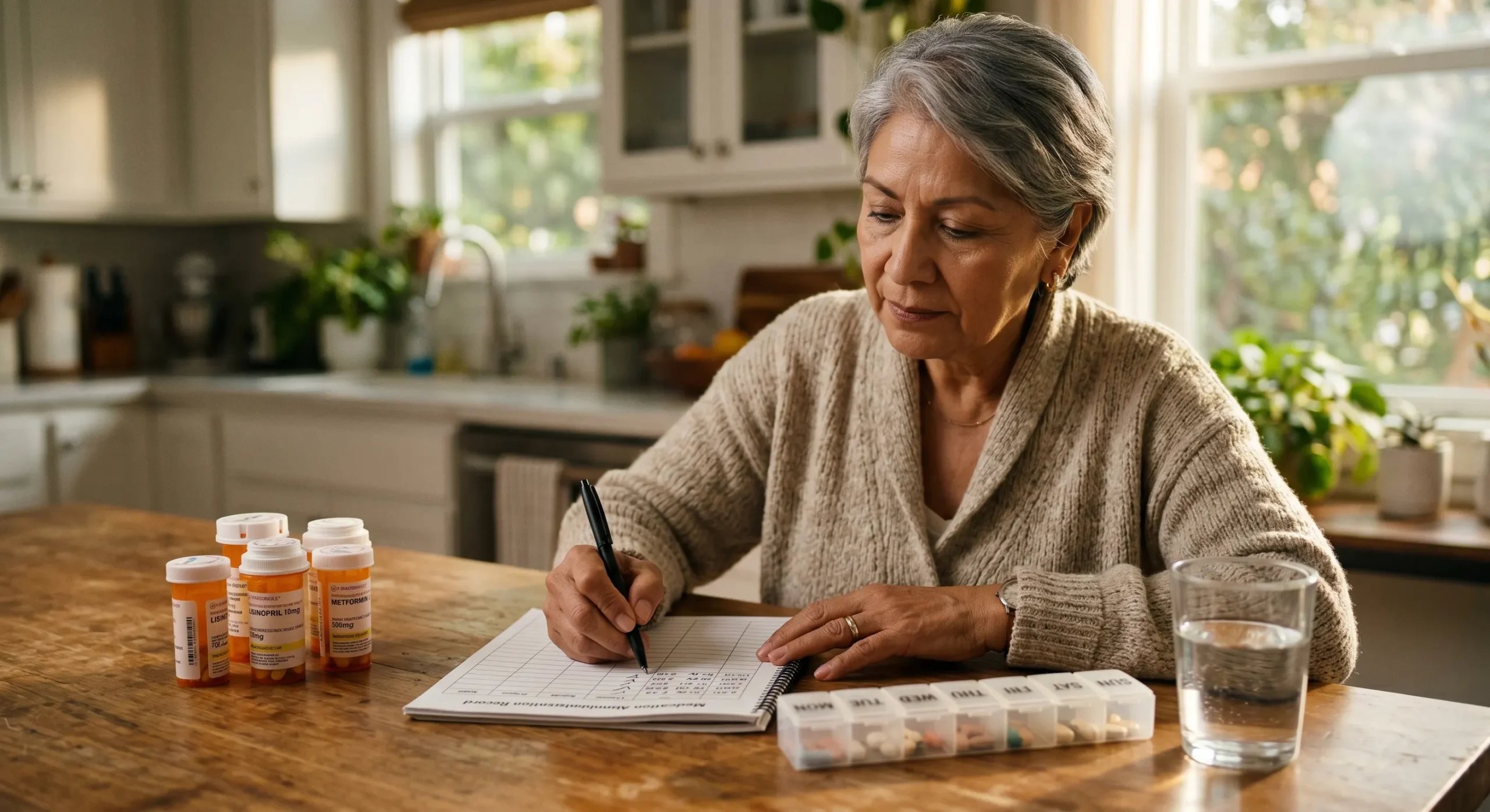A warm, golden-hour-lit photograph from the side of an older woman with gray hair, wearing a textured knit cardigan, seated at a wooden table in a sun-drenched home kitchen. Natural sunlight from a window on the right backlights her and illuminates potted plants on the counter. Her right hand, holding a pen, guides it across a structured logbook labeled at the bottom of the page, "DAILY MEDICATION LOG". To her left, five orange prescription bottles with blurred labels and white caps sit near a water glass. Text on one bottle label is partially legible as "RX ONLY" and "LISINOPRIL 10mg". Her left hand stabilises the logbook page. To the right on the table, a multi-compartment pill organizer box filled with various colored pills is near the water glass. The composition is balanced and inviting.