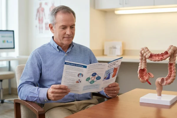 A medium shot photograph taken indoors with natural light coming from a large background window. In the center, a smiling middle-aged man with short grey hair, wearing a blue pinstriped button-down shirt, sits at a wooden table, holding and reading a folded medical education brochure. The brochure clearly displays titles "Colon Cancer Screening" and "Choosing Your Options" (text partially visible). To the right on the same table, a highly detailed, three-dimensional model of a human colon with a visible abnormality is positioned on a white plastic stand. The background is a clean medical office environment, with a desk, chair, a computer monitor displaying graphs (text illegible), and framed medical anatomical posters on the wall.