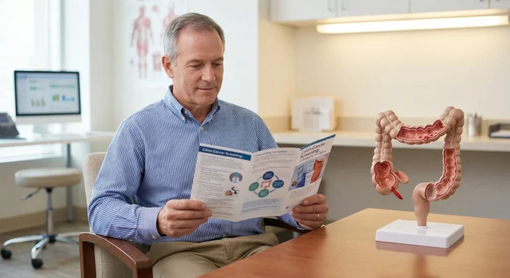 patient-education-medical-screening-for-high-blood-pressure-the-silent-killer-and-other-risks. A medium shot photograph taken indoors with natural light coming from a large background window. In the center, a smiling middle-aged man with short grey hair, wearing a blue pinstriped button-down shirt, sits at a wooden table, holding and reading a folded medical education brochure. The brochure clearly displays titles "Colon Cancer Screening" and "Choosing Your Options" (text partially visible). To the right on the same table, a highly detailed, three-dimensional model of a human colon with a visible abnormality is positioned on a white plastic stand. The background is a clean medical office environment, with a desk, chair, a computer monitor displaying graphs (text illegible), and framed medical anatomical posters on the wall.