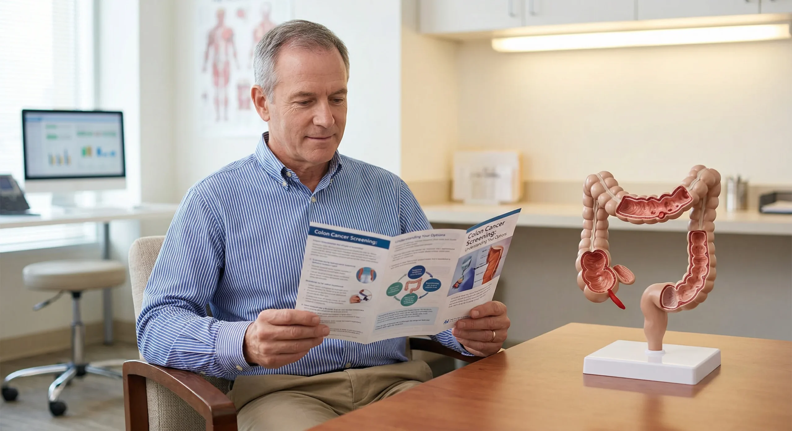 patient-education-medical-screening-for-high-blood-pressure-the-silent-killer-and-other-risks. A medium shot photograph taken indoors with natural light coming from a large background window. In the center, a smiling middle-aged man with short grey hair, wearing a blue pinstriped button-down shirt, sits at a wooden table, holding and reading a folded medical education brochure. The brochure clearly displays titles "Colon Cancer Screening" and "Choosing Your Options" (text partially visible). To the right on the same table, a highly detailed, three-dimensional model of a human colon with a visible abnormality is positioned on a white plastic stand. The background is a clean medical office environment, with a desk, chair, a computer monitor displaying graphs (text illegible), and framed medical anatomical posters on the wall.
