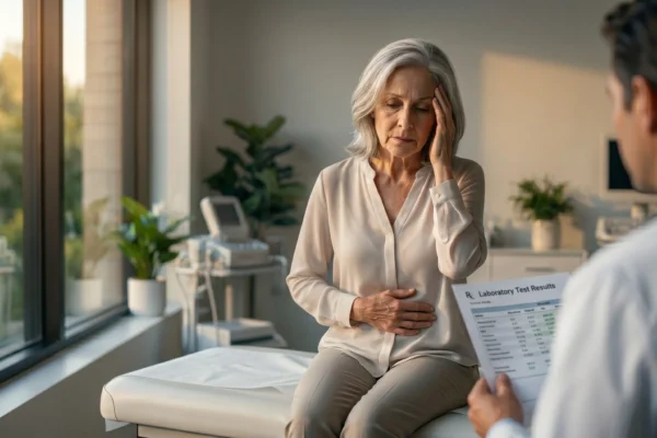An over-the-shoulder shot in a brightly lit, modern medical office. A senior woman with grey hair sits on a white examination table, her face tightened in distress as she touches her temple and abdomen. Warm, natural sunlight streams through a large window on the left, casting soft shadows across the clinical setting. In the foreground, the blurred shoulder of a doctor is visible, holding a document clearly titled "Laboratory Test Results" featuring a structured data table and a blue medical insignia. The composition is clean and airy, emphasizing a professional yet empathetic clinical atmosphere.