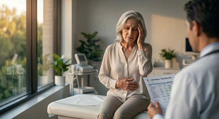 An over-the-shoulder shot in a brightly lit, modern medical office. A senior woman with grey hair sits on a white examination table, her face tightened in distress as she touches her temple and abdomen. Warm, natural sunlight streams through a large window on the left, casting soft shadows across the clinical setting. In the foreground, the blurred shoulder of a doctor is visible, holding a document clearly titled "Laboratory Test Results" featuring a structured data table and a blue medical insignia. The composition is clean and airy, emphasizing a professional yet empathetic clinical atmosphere.