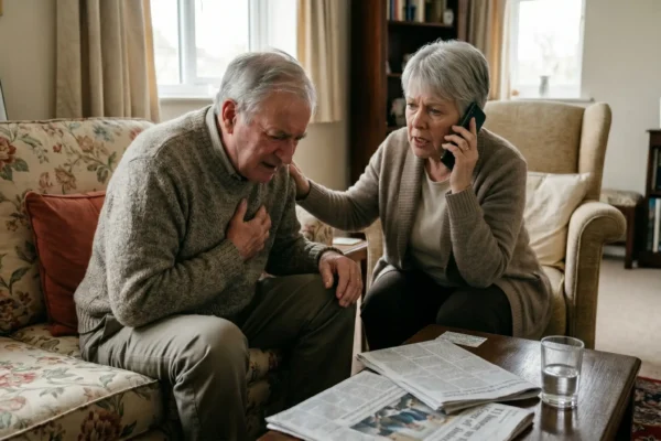 A medium eye-level shot captures a senior couple in a living room illuminated by soft, diffused daylight streaming from a window in the background. A man in a textured grey knit sweater sits on a vintage floral-patterned sofa, his face contorted in distress as he holds his chest. Beside him, a woman in a beige cardigan leans in with an urgent expression, holding a sleek black smartphone to her ear. The composition is balanced by a wooden coffee table in the foreground featuring a glass of water and folded newspapers with blurred headlines. On the far left, a square digital clock provides a sharp focal point, displaying the time as "15:05" in bold black digits.