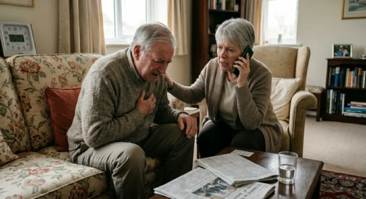 A medium eye-level shot captures a senior couple in a living room illuminated by soft, diffused daylight streaming from a window in the background. A man in a textured grey knit sweater sits on a vintage floral-patterned sofa, his face contorted in distress as he holds his chest. Beside him, a woman in a beige cardigan leans in with an urgent expression, holding a sleek black smartphone to her ear. The composition is balanced by a wooden coffee table in the foreground featuring a glass of water and folded newspapers with blurred headlines. On the far left, a square digital clock provides a sharp focal point, displaying the time as "15:05" in bold black digits.