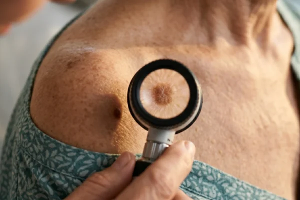 A macro close-up composition illuminated by warm, directional golden hour light from the left, highlighting the sharp texture of the skin. A dermatologist's hand holds a black and silver dermatoscope against a patient's shoulder. The instrument's circular lens sharply magnifies a brown mole in the center of the frame. A shallow depth of field softly blurs the patient's teal patterned gown and the surrounding environment, drawing immediate focus to the illuminated diagnostic tool.
