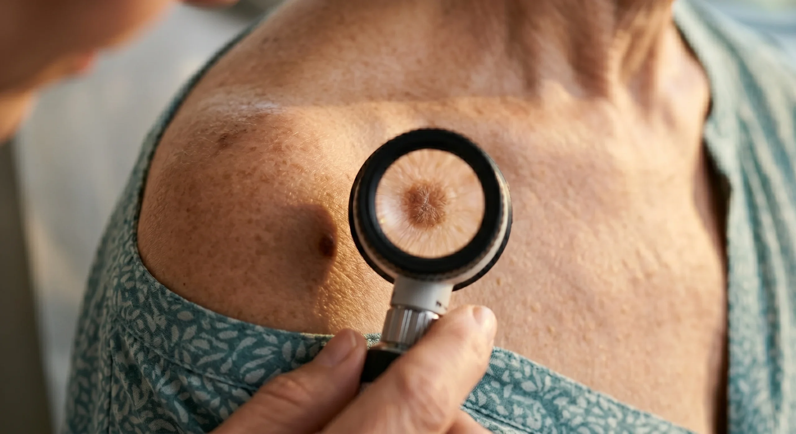 A macro close-up composition illuminated by warm, directional golden hour light from the left, highlighting the sharp texture of the skin. A dermatologist's hand holds a black and silver dermatoscope against a patient's shoulder. The instrument's circular lens sharply magnifies a brown mole in the center of the frame. A shallow depth of field softly blurs the patient's teal patterned gown and the surrounding environment, drawing immediate focus to the illuminated diagnostic tool.