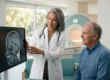 A brightly lit, high-key medical suite with soft, natural light filtering through large windows in the background. The composition is a balanced mid-shot featuring a female doctor in a crisp white lab coat pointing to a large, glowing digital monitor in the lower-left foreground. The monitor displays a detailed, high-contrast sagittal brain MRI scan in black and white, accompanied by small, linear graphical UI elements along the side. To the right, a senior male patient in a blue shirt is captured in profile, looking at the screen with a focused, calm expression. The background has a shallow depth of field, showing the soft-focus silhouette of a modern, teal-accented MRI machine. The overall color palette is dominated by airy whites, soothing teals, and warm light-wood textures.