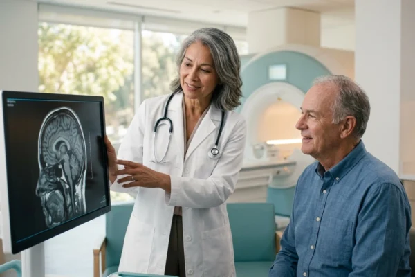 A brightly lit, high-key medical suite with soft, natural light filtering through large windows in the background. The composition is a balanced mid-shot featuring a female doctor in a crisp white lab coat pointing to a large, glowing digital monitor in the lower-left foreground. The monitor displays a detailed, high-contrast sagittal brain MRI scan in black and white, accompanied by small, linear graphical UI elements along the side. To the right, a senior male patient in a blue shirt is captured in profile, looking at the screen with a focused, calm expression. The background has a shallow depth of field, showing the soft-focus silhouette of a modern, teal-accented MRI machine. The overall color palette is dominated by airy whites, soothing teals, and warm light-wood textures.