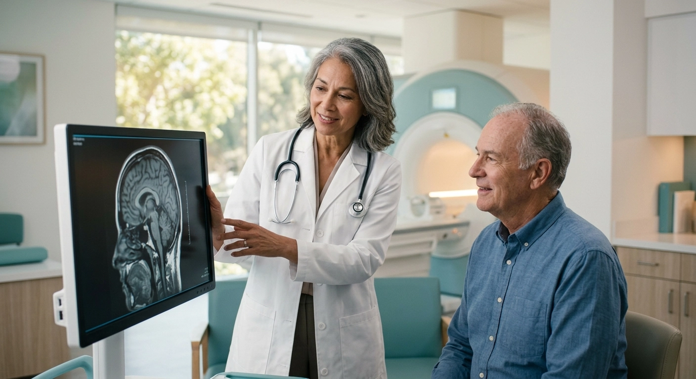 A brightly lit, high-key medical suite with soft, natural light filtering through large windows in the background. The composition is a balanced mid-shot featuring a female doctor in a crisp white lab coat pointing to a large, glowing digital monitor in the lower-left foreground. The monitor displays a detailed, high-contrast sagittal brain MRI scan in black and white, accompanied by small, linear graphical UI elements along the side. To the right, a senior male patient in a blue shirt is captured in profile, looking at the screen with a focused, calm expression. The background has a shallow depth of field, showing the soft-focus silhouette of a modern, teal-accented MRI machine. The overall color palette is dominated by airy whites, soothing teals, and warm light-wood textures.