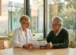 Cinematic, medium-wide composition illuminated by warm, natural golden hour sunlight streaming through large floor-to-ceiling windows. The soft, directional lighting creates gentle highlights on a blonde female physician in a white coat and glasses, and a dignified senior man, both seated at a modern oak table. The framing centers on their collaborative engagement as they review an open document featuring a prominent teal header and organized text columns. A shallow depth of field softly blurs the background's clean architectural lines and lush greenery, delivering a bright, highly photorealistic, and premium editorial atmosphere.