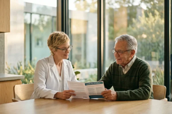 Cinematic, medium-wide composition illuminated by warm, natural golden hour sunlight streaming through large floor-to-ceiling windows. The soft, directional lighting creates gentle highlights on a blonde female physician in a white coat and glasses, and a dignified senior man, both seated at a modern oak table. The framing centers on their collaborative engagement as they review an open document featuring a prominent teal header and organized text columns. A shallow depth of field softly blurs the background's clean architectural lines and lush greenery, delivering a bright, highly photorealistic, and premium editorial atmosphere.