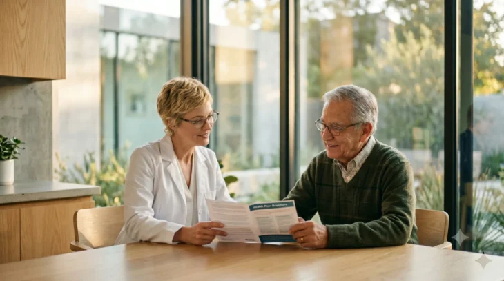 Cinematic, medium-wide composition illuminated by warm, natural golden hour sunlight streaming through large floor-to-ceiling windows. The soft, directional lighting creates gentle highlights on a blonde female physician in a white coat and glasses, and a dignified senior man, both seated at a modern oak table. The framing centers on their collaborative engagement as they review an open document featuring a prominent teal header and organized text columns. A shallow depth of field softly blurs the background's clean architectural lines and lush greenery, delivering a bright, highly photorealistic, and premium editorial atmosphere.