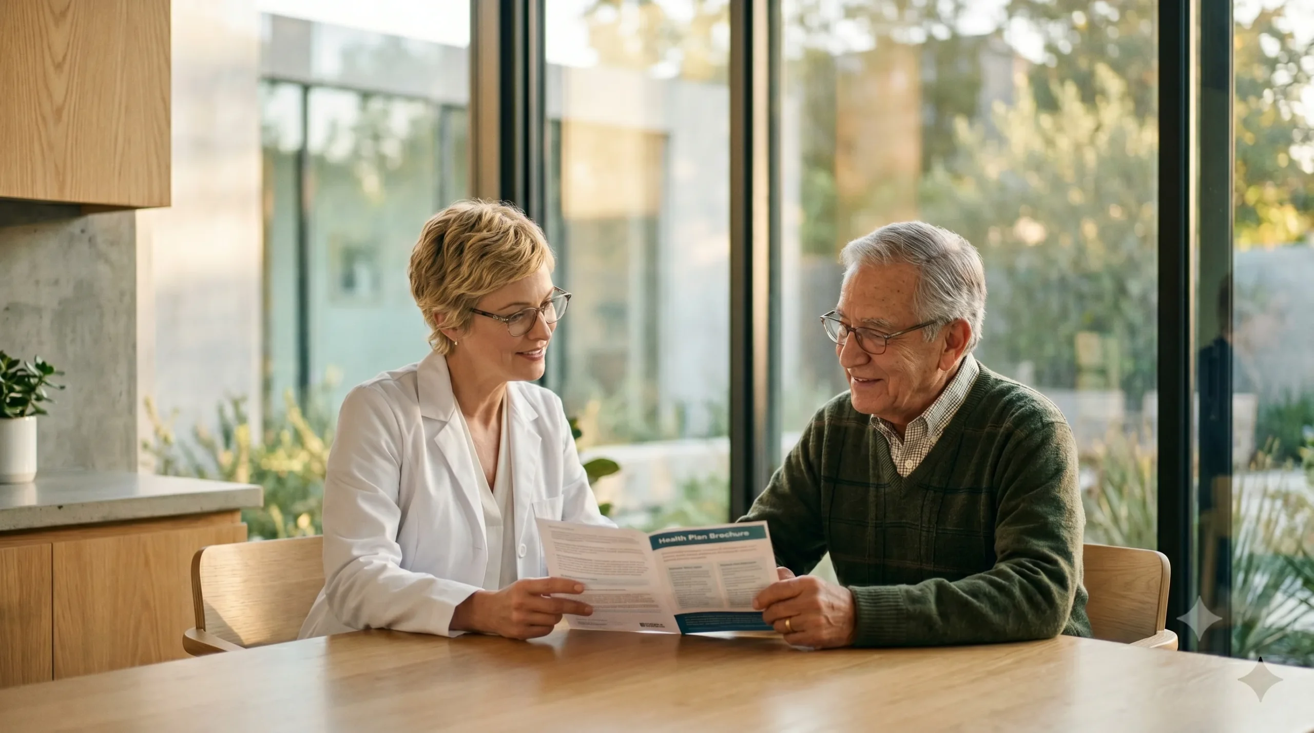 Cinematic, medium-wide composition illuminated by warm, natural golden hour sunlight streaming through large floor-to-ceiling windows. The soft, directional lighting creates gentle highlights on a blonde female physician in a white coat and glasses, and a dignified senior man, both seated at a modern oak table. The framing centers on their collaborative engagement as they review an open document featuring a prominent teal header and organized text columns. A shallow depth of field softly blurs the background's clean architectural lines and lush greenery, delivering a bright, highly photorealistic, and premium editorial atmosphere.