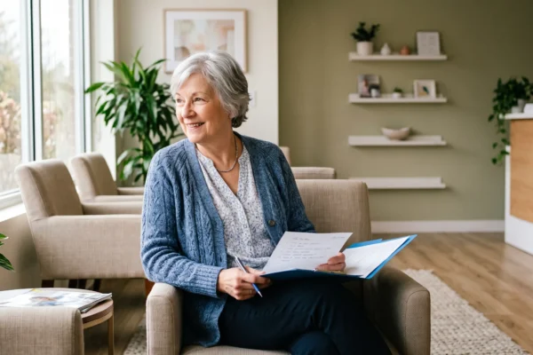 Senior patient waiting for an annual physical exam in a bright Pasadena medical office
