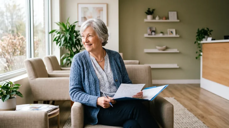 Senior patient waiting for an annual physical exam in a bright Pasadena medical office