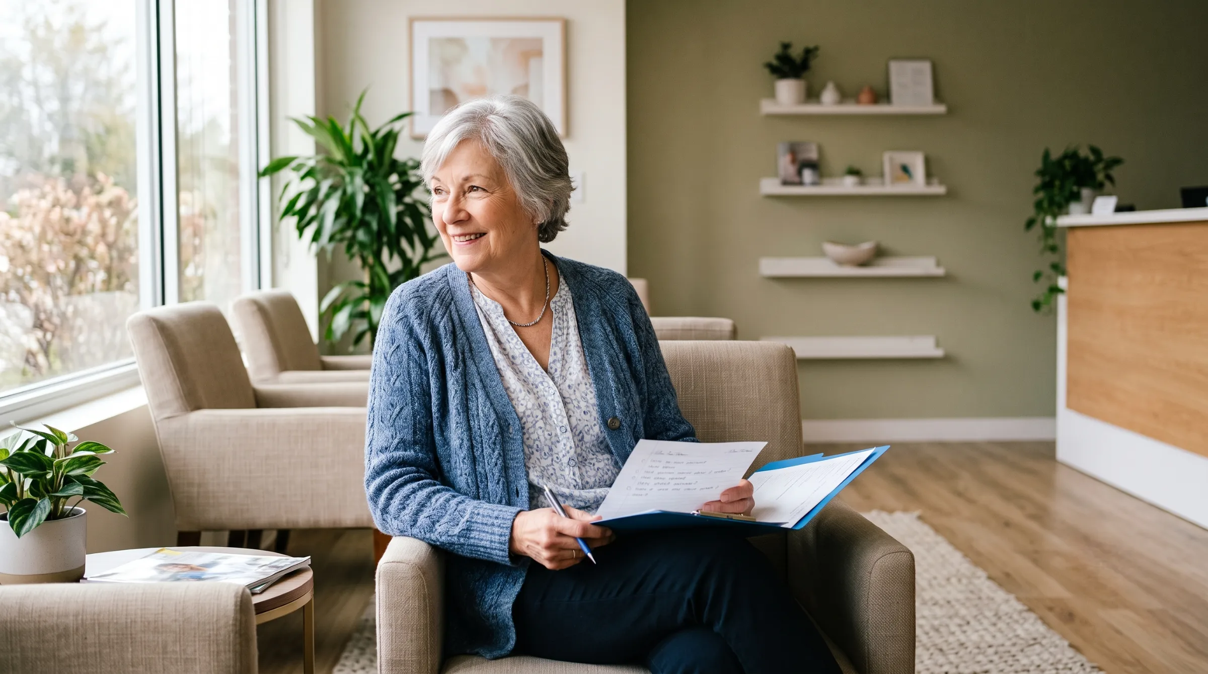Senior patient waiting for an annual physical exam in a bright Pasadena medical office