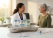 A cinematic macro composition with a shallow depth of field and warm, volumetric golden-hour lighting. In sharp foreground focus on a pristine white surface, a stainless steel kidney tray holds several glass vials with blue and green caps, featuring visible text such as "VAX-50", "COMIRNATY", and "SPIKEVAX". A sterile packaged syringe and alcohol wipes rest nearby. The background is rendered in soft, creamy bokeh, warmly illuminating the blurred silhouettes of a smiling physician and a senior patient in a sunlit modern clinic.