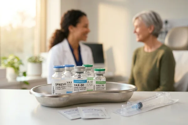 A cinematic macro composition with a shallow depth of field and warm, volumetric golden-hour lighting. In sharp foreground focus on a pristine white surface, a stainless steel kidney tray holds several glass vials with blue and green caps, featuring visible text such as "VAX-50", "COMIRNATY", and "SPIKEVAX". A sterile packaged syringe and alcohol wipes rest nearby. The background is rendered in soft, creamy bokeh, warmly illuminating the blurred silhouettes of a smiling physician and a senior patient in a sunlit modern clinic.