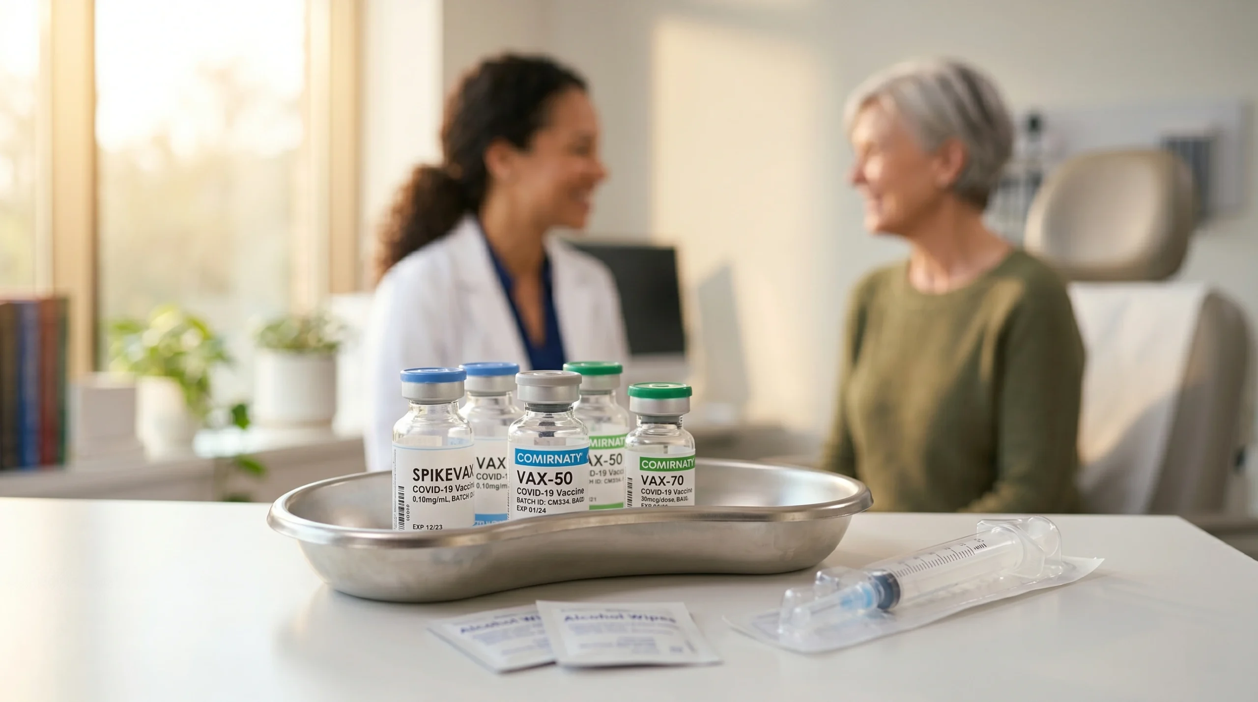 A cinematic macro composition with a shallow depth of field and warm, volumetric golden-hour lighting. In sharp foreground focus on a pristine white surface, a stainless steel kidney tray holds several glass vials with blue and green caps, featuring visible text such as "VAX-50", "COMIRNATY", and "SPIKEVAX". A sterile packaged syringe and alcohol wipes rest nearby. The background is rendered in soft, creamy bokeh, warmly illuminating the blurred silhouettes of a smiling physician and a senior patient in a sunlit modern clinic.