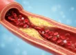 3D cross-section of an artery narrowed by yellow cholesterol plaque, with red blood cells flowing through, illustrating LDL buildup from high cholesterol.