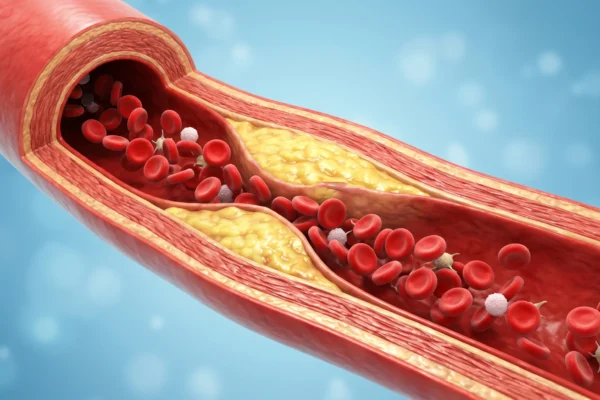 3D cross-section of an artery narrowed by yellow cholesterol plaque, with red blood cells flowing through, illustrating LDL buildup from high cholesterol.