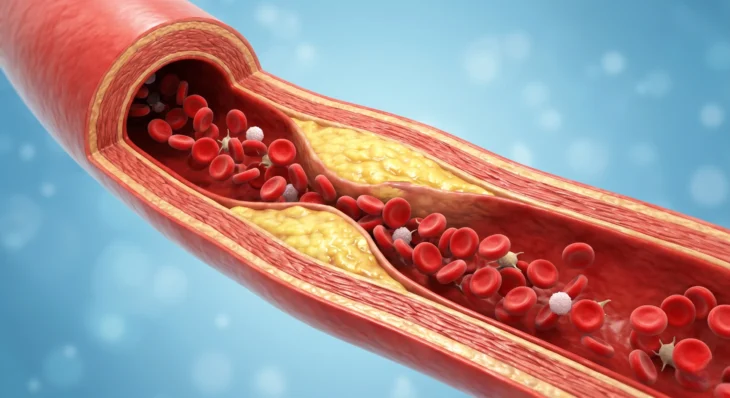 3D cross-section of an artery narrowed by yellow cholesterol plaque, with red blood cells flowing through, illustrating LDL buildup from high cholesterol.