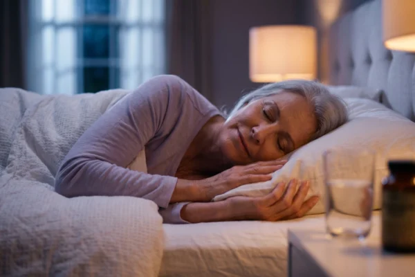 A warm, dimly lit photograph taken with a shallow depth of field, focusing sharply on an amber bottle on a wooden bedside table in the foreground. A glass of water sits next to it. In the soft, warm bokeh of the background, a senior woman with silver hair is sleeping peacefully on her side in a bed with plush white bedding, illuminated by a nearby lamp. A window with a blurred view is seen further back.