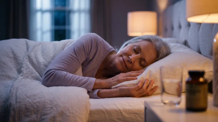 A warm, dimly lit photograph taken with a shallow depth of field, focusing sharply on an amber bottle on a wooden bedside table in the foreground. A glass of water sits next to it. In the soft, warm bokeh of the background, a senior woman with silver hair is sleeping peacefully on her side in a bed with plush white bedding, illuminated by a nearby lamp. A window with a blurred view is seen further back.