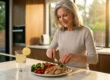 A medium shot captured with a shallow depth of field, bathed in soft, golden hour sunlight streaming through a large window on the right. In the center-right, a smiling mature woman with silver-grey hair looks down while carefully garnishing a colorful meal on a white marble countertop. In the lower foreground, a white ceramic plate is filled with textured grilled chicken breasts, vivid green broccoli florets, sliced red bell peppers, cherry tomatoes, and a mound of quinoa. To the left of the plate sits a tall, clear glass filled with water, ice cubes, and bright yellow lemon slices, with one round slice neatly balanced on the rim. The background features softly blurred, minimalist wooden kitchen cabinets, creating a bright, clean, and inviting lifestyle aesthetic.