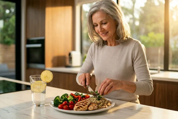 A medium shot captured with a shallow depth of field, bathed in soft, golden hour sunlight streaming through a large window on the right. In the center-right, a smiling mature woman with silver-grey hair looks down while carefully garnishing a colorful meal on a white marble countertop. In the lower foreground, a white ceramic plate is filled with textured grilled chicken breasts, vivid green broccoli florets, sliced red bell peppers, cherry tomatoes, and a mound of quinoa. To the left of the plate sits a tall, clear glass filled with water, ice cubes, and bright yellow lemon slices, with one round slice neatly balanced on the rim. The background features softly blurred, minimalist wooden kitchen cabinets, creating a bright, clean, and inviting lifestyle aesthetic.